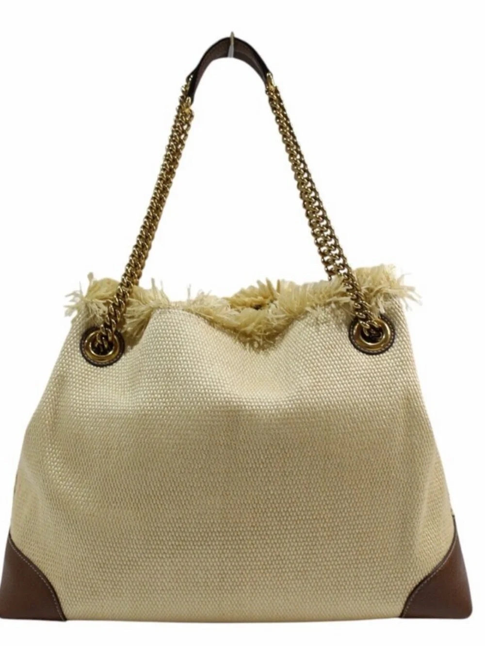 Gucci Beige raffia Shoulder Bag with Brown Leather Trim and Gold Chain